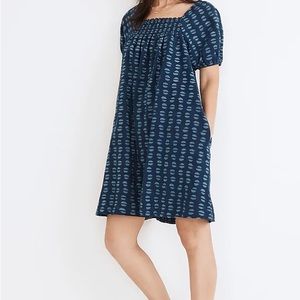 Madewell Puff-Sleeve A-Line Mini Dress in Indigo Block Print (S)